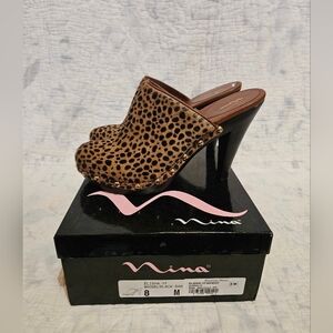 Nina Leopard Print Calf Hair High Heeled Mules Clogs